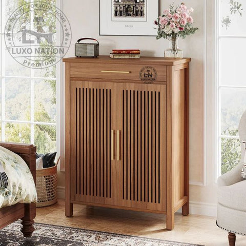 Elegant Wooden Shoe rack Cabinet – Louvered Doors with Drawer Storage