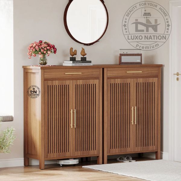 Elegant Wooden Shoe rack Cabinet – Louvered Doors with Drawer Storage