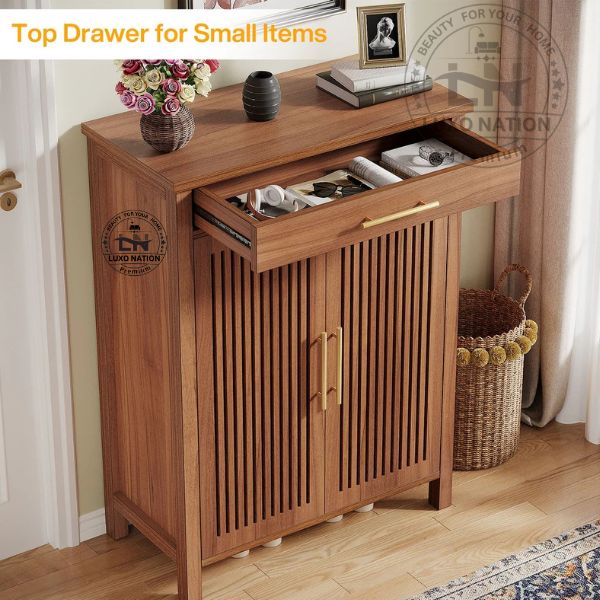Elegant Wooden Shoe rack Cabinet – Louvered Doors with Drawer Storage