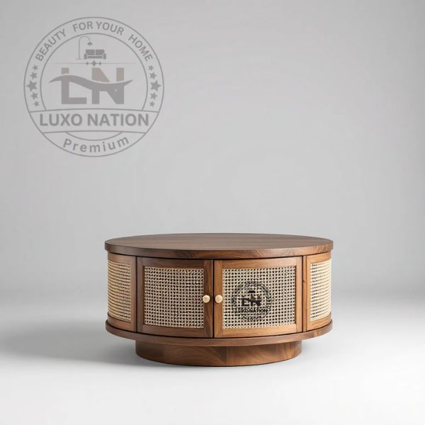 Premium Teak Cane Coffee Table with Round Shape & Storage By Luxo Nation