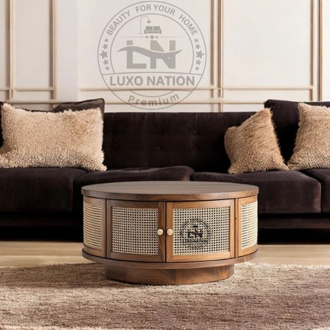 Premium Teak Cane Coffee Table with Round Shape & Storage By Luxo Nation