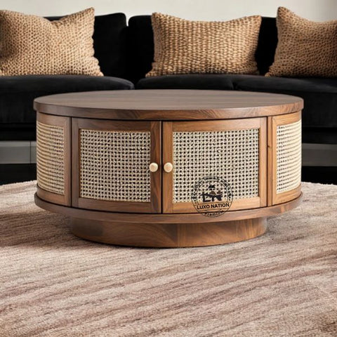 Premium Teak Cane Coffee Table with Round Shape & Storage By Luxo Nation