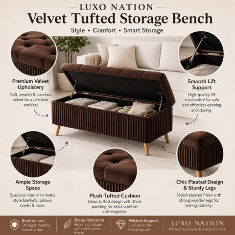2 Seater Couch Bench with Storage | Velvet Upholstered Ottoman