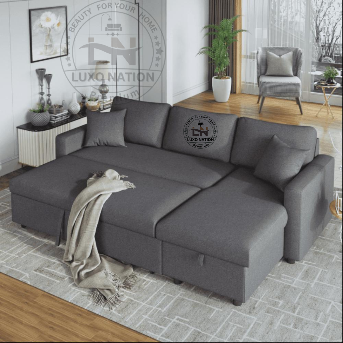 LUXO NATION L-Shape Sectional Sofa Cum Bed with Storage – Stylish