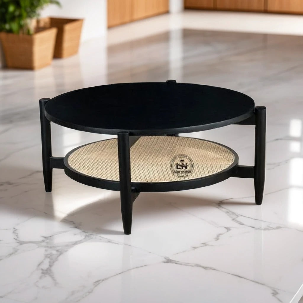 Antique Aura Wooden Rattan Round Center Table – Timeless Charm