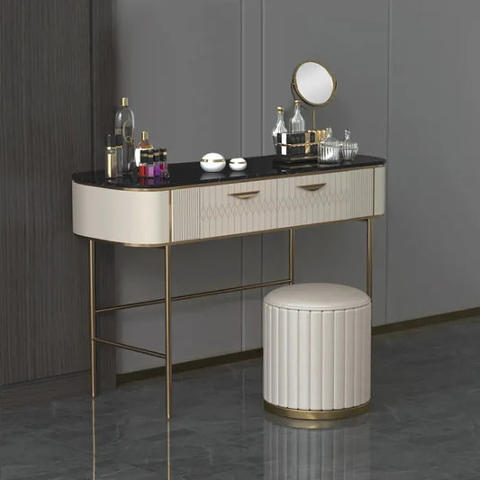 Ira Luxury Makeup Vanity by Luxo Nation: Exquisite Faux Marble Top Dressing Table With Gold Finish