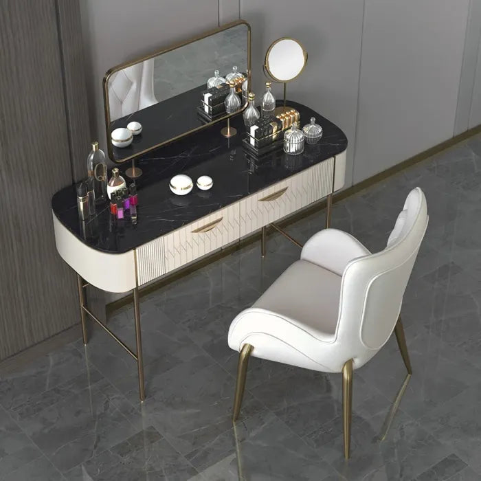 Ira Luxury Makeup Vanity by Luxo Nation: Exquisite Faux Marble Top Dressing Table With Gold Finish