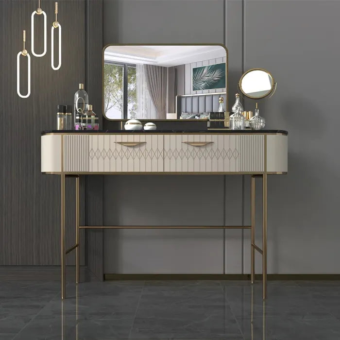 Ira Luxury Makeup Vanity by Luxo Nation: Exquisite Faux Marble Top Dressing Table With Gold Finish