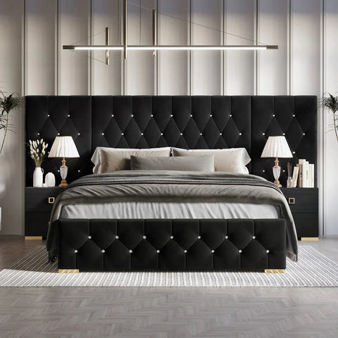 Luxo Nation Luxury Upholstered Bed with Side Tables in Leatherette